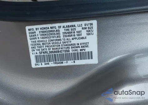 2006 Honda Odyssey Ex-L from USA, damaged, VIN 5FNRL38686B421550